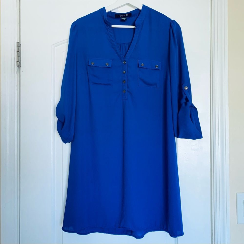 Forever 21 Bright Blue Flowy Satin T-Shirt Dress (Dressy T-Shirt Work Dress) | L